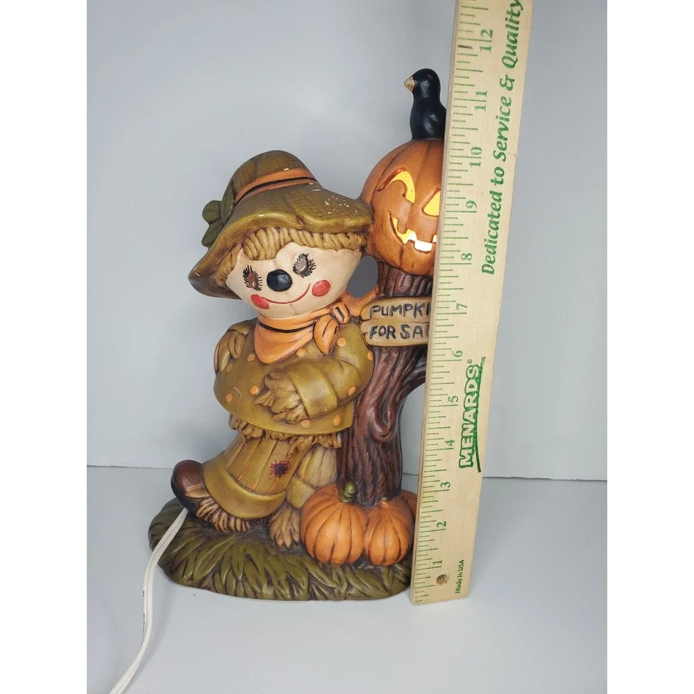 🎃 HALLOWEEN Ceramic SCARECROW w Light Up JACK-O-LANTERN  